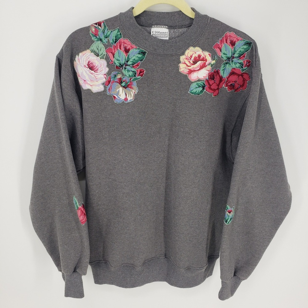 Vintage 90s Hanes Floral Rose Sweatshirt Womens Large Gray Glitter Crew Neck USA